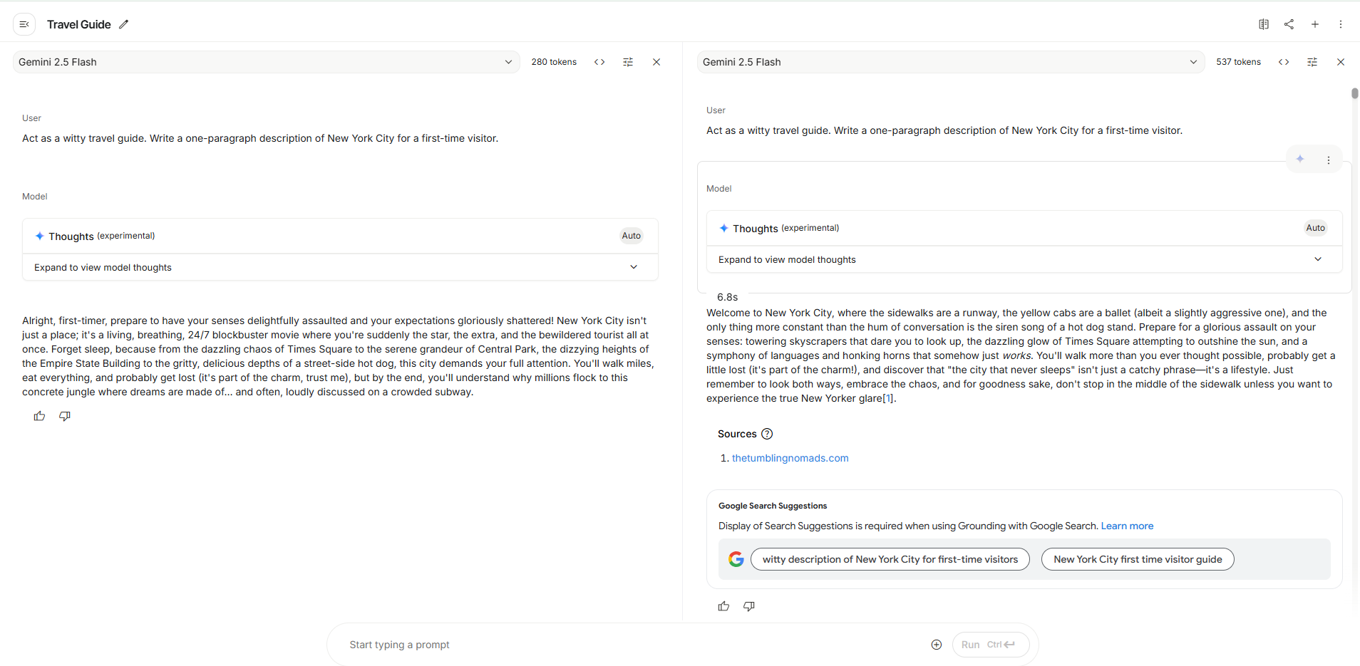Google AI Studio Compare Mode in Action